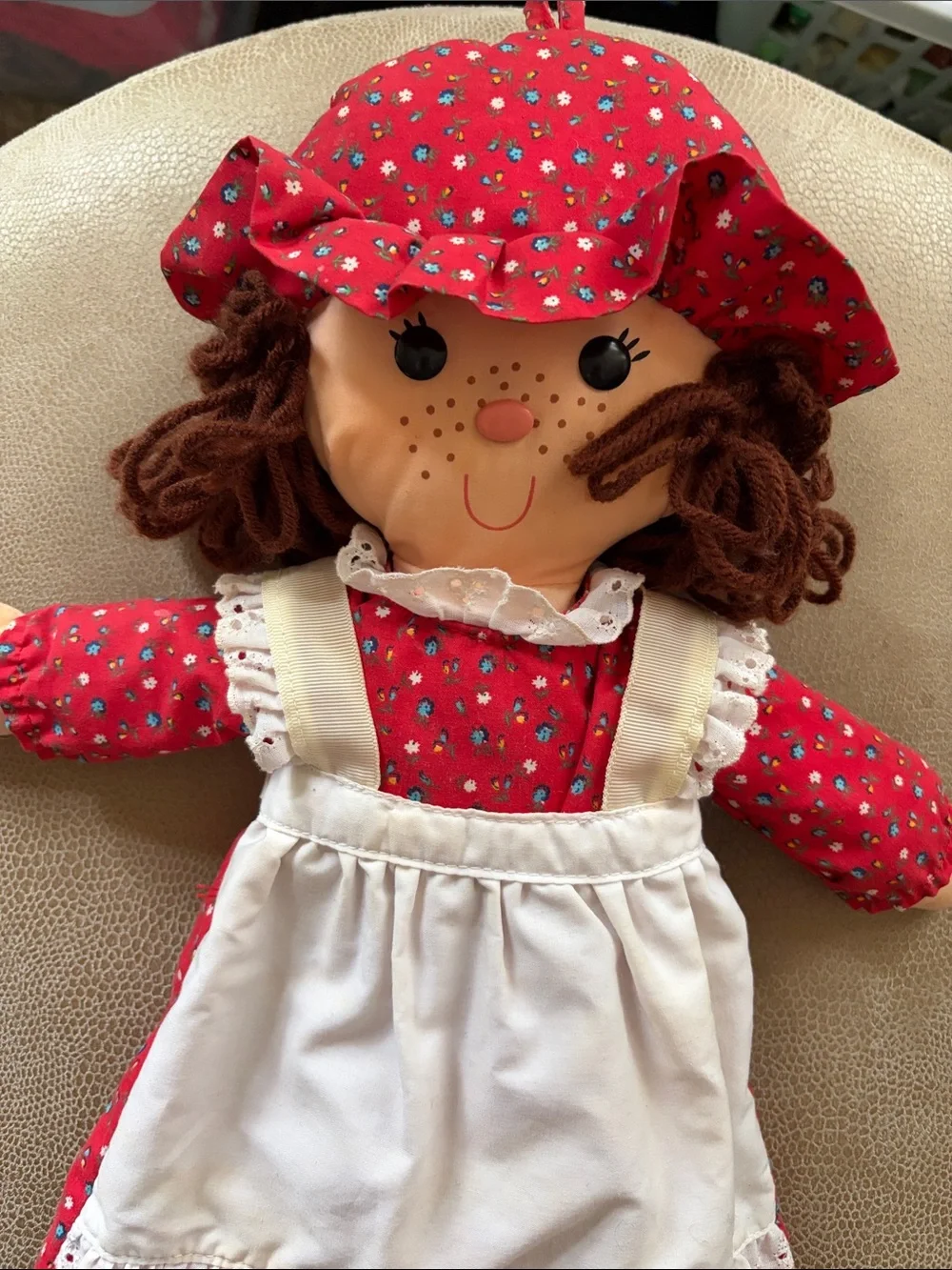 Vintage 1982 Hallmark Christmas Doll With Red Floral Dress And Ruffle Hat